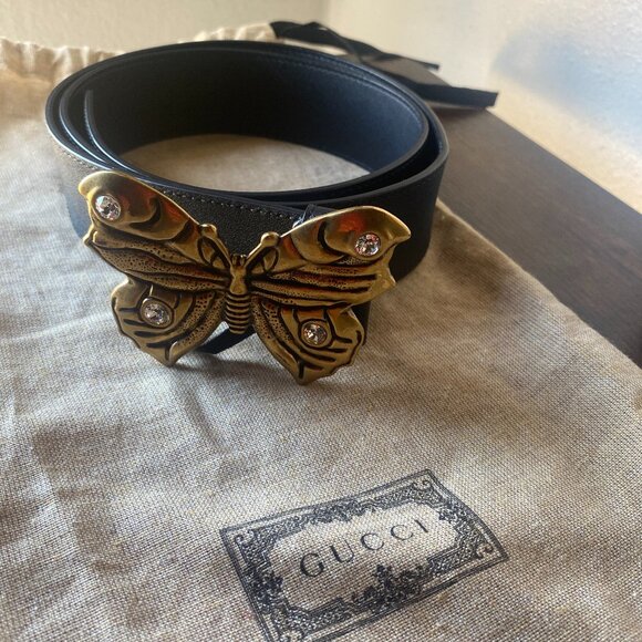 GUCCI Butterfly Belt Crystal Embellished Metal with Leather - Picture 1 of 6